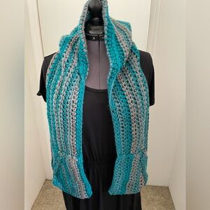 CROCHET HANDMADE Teal and Gray Hooded Scarf